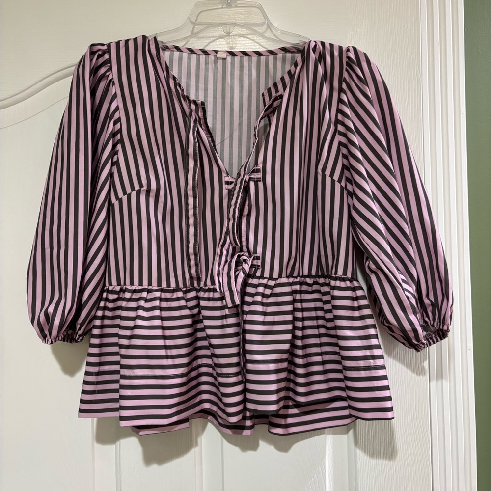 Tie Front Pink and Black Striped Women's Peplum Top